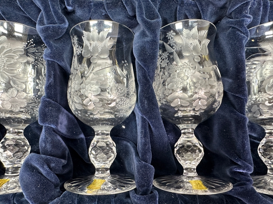 Rare Genuine Meissen (Germany) Cut Crystal Mouth-Blown Hand-Sanded Stemware Glasses Mixed 3 Different Patterns With Original Box - 6 Glasses Total 5-1/8'H [Photo 4]