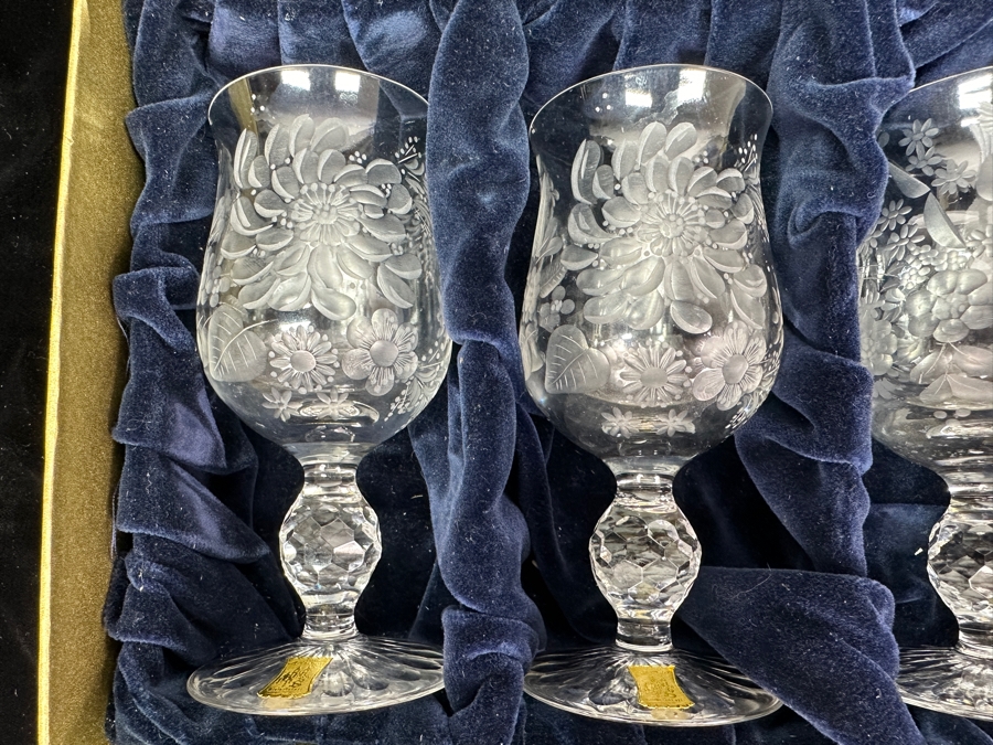 Rare Genuine Meissen (Germany) Cut Crystal Mouth-Blown Hand-Sanded Stemware Glasses Mixed 3 Different Patterns With Original Box - 6 Glasses Total 5-1/8'H [Photo 3]