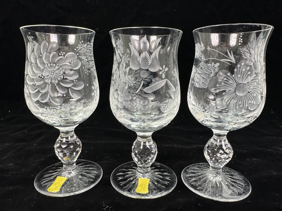 Rare Genuine Meissen (Germany) Cut Crystal Mouth-Blown Hand-Sanded Stemware Glasses Mixed 3 Different Patterns With Original Box - 6 Glasses Total 5-1/8'H [Photo 2]