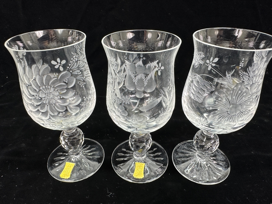 Rare Genuine Meissen (Germany) Cut Crystal Mouth-Blown Hand-Sanded Stemware Glasses Mixed 3 Different Patterns With Original Box - 6 Glasses Total 5-1/8'H [Photo 9]
