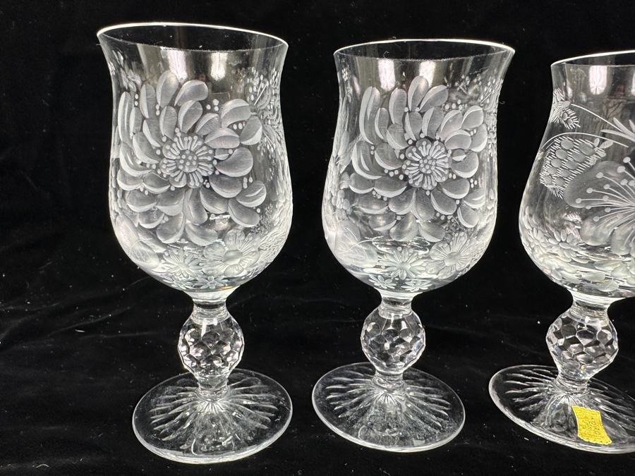 Rare Genuine Meissen (Germany) Cut Crystal Mouth-Blown Hand-Sanded Stemware Glasses Mixed 3 Different Patterns - 6 Glasses Total 5-1/8'H [Photo 2]