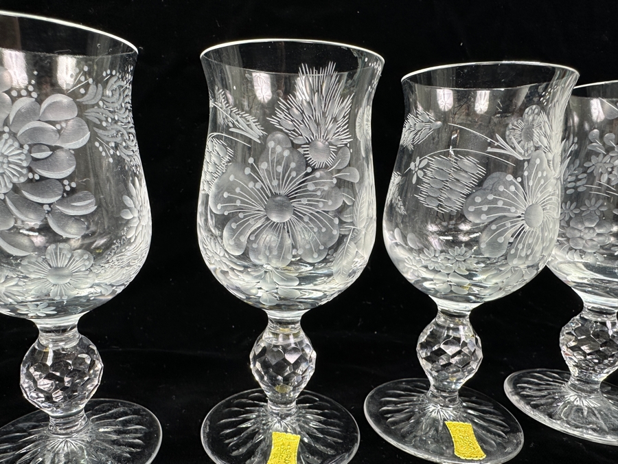 Rare Genuine Meissen (Germany) Cut Crystal Mouth-Blown Hand-Sanded Stemware Glasses Mixed 3 Different Patterns - 6 Glasses Total 5-1/8'H [Photo 4]