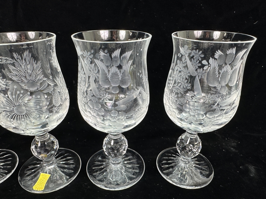 Rare Genuine Meissen (Germany) Cut Crystal Mouth-Blown Hand-Sanded Stemware Glasses Mixed 3 Different Patterns - 6 Glasses Total 5-1/8'H [Photo 6]