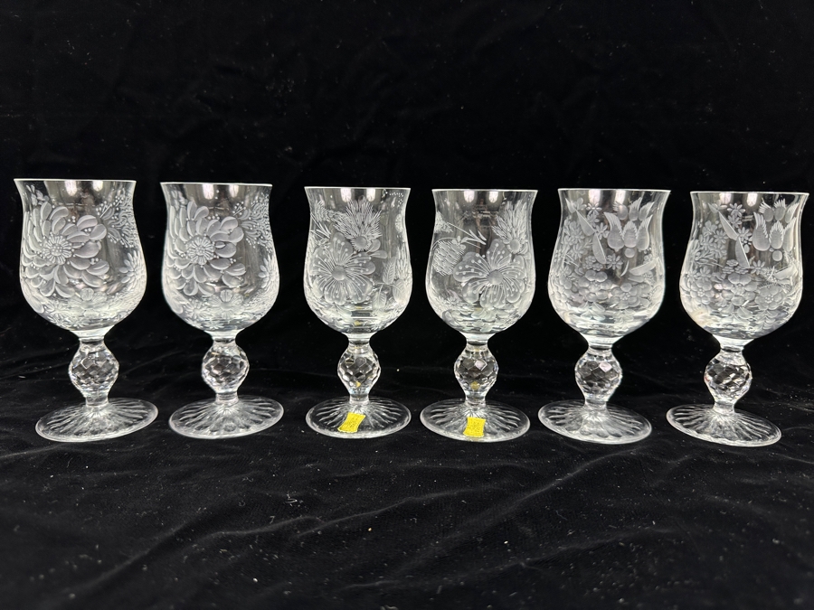 Rare Genuine Meissen (Germany) Cut Crystal Mouth-Blown Hand-Sanded Stemware Glasses Mixed 3 Different Patterns - 6 Glasses Total 5-1/8'H [Photo 1]