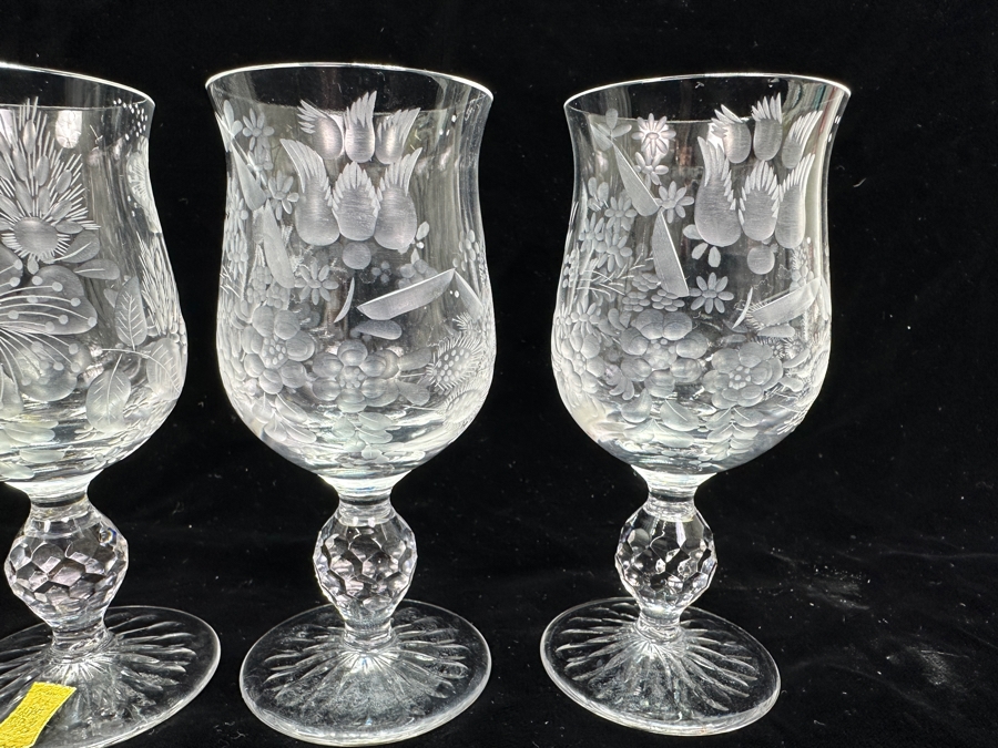 Rare Genuine Meissen (Germany) Cut Crystal Mouth-Blown Hand-Sanded Stemware Glasses Mixed 3 Different Patterns - 6 Glasses Total 5-1/8'H [Photo 5]