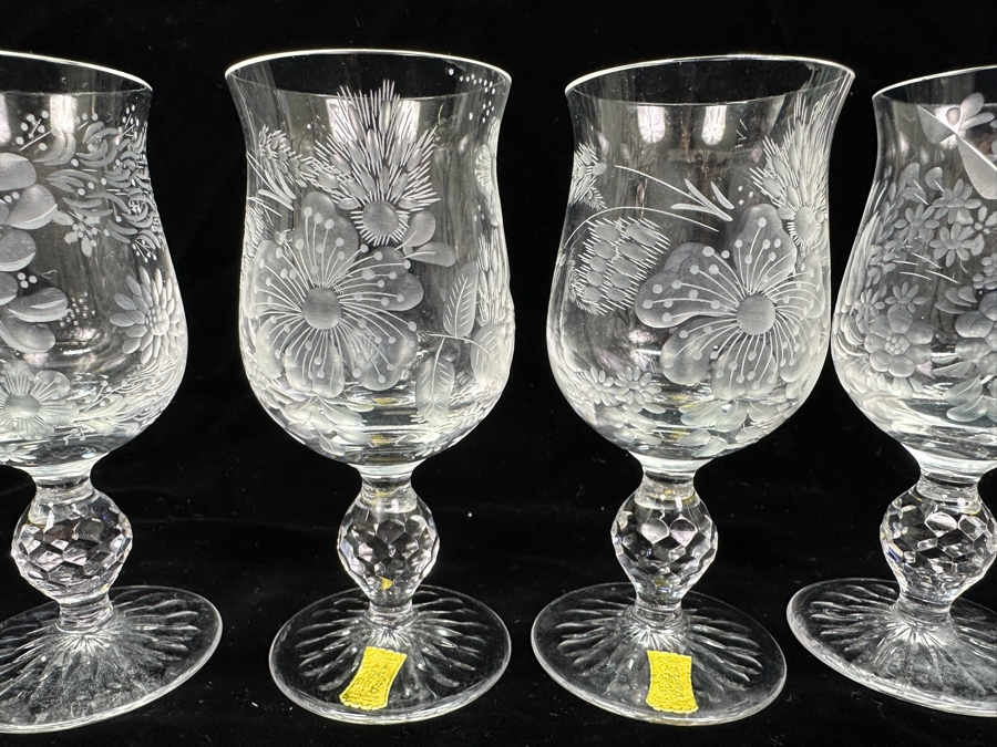 Rare Genuine Meissen (Germany) Cut Crystal Mouth-Blown Hand-Sanded Stemware Glasses Mixed 3 Different Patterns - 6 Glasses Total 5-1/8'H [Photo 3]