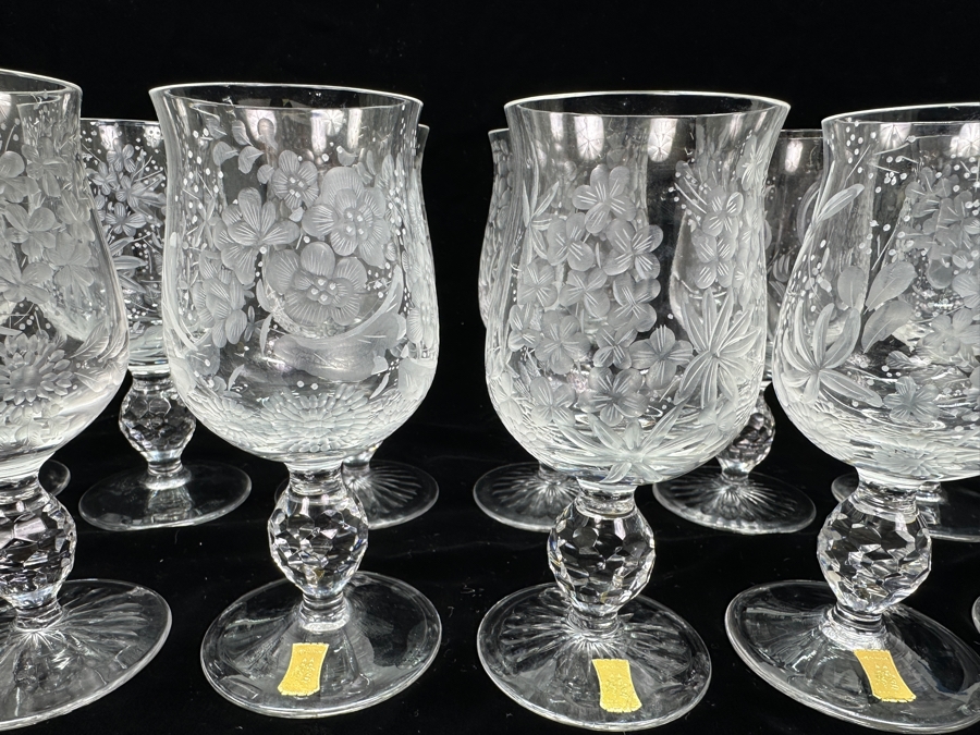 Rare Genuine Meissen (Germany) Cut Crystal Mouth-Blown Hand-Sanded Stemware Glasses Mixed Patterns - 12 Glasses Total 6'H [Photo 5]