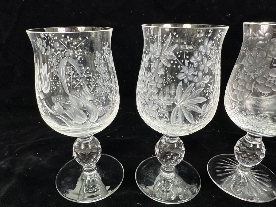 Rare Genuine Meissen (Germany) Cut Crystal Mouth-Blown Hand-Sanded Stemware Glasses Mixed Patterns - 12 Glasses Total 6'H [Photo 7]
