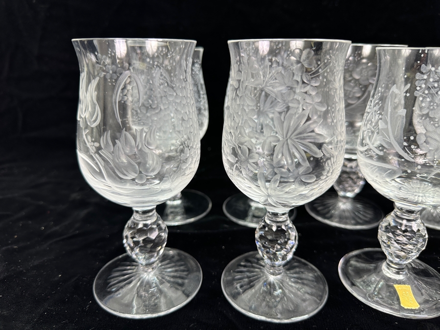 Rare Genuine Meissen (Germany) Cut Crystal Mouth-Blown Hand-Sanded Stemware Glasses Mixed Patterns - 12 Glasses Total 6'H [Photo 4]