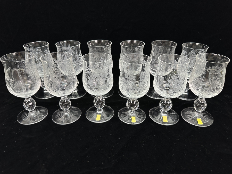 Rare Genuine Meissen (Germany) Cut Crystal Mouth-Blown Hand-Sanded Stemware Glasses Mixed Patterns - 12 Glasses Total 6'H [Photo 3]