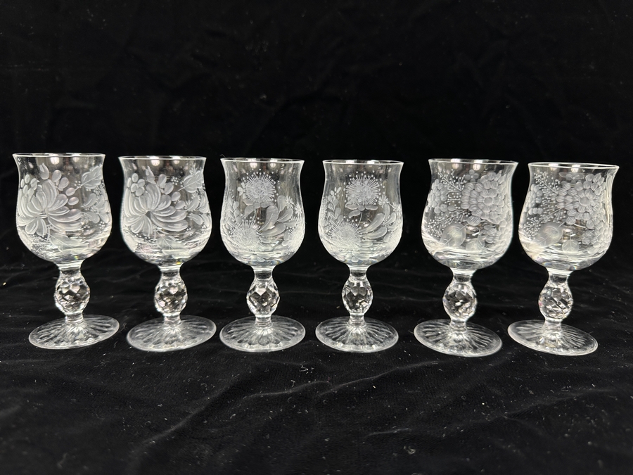 Rare Genuine Meissen (Germany) Cut Crystal Mouth-Blown Hand-Sanded Stemware Glasses Mixed 3 Different Patterns - 6 Glasses Total 4-3/8'H [Photo 3]
