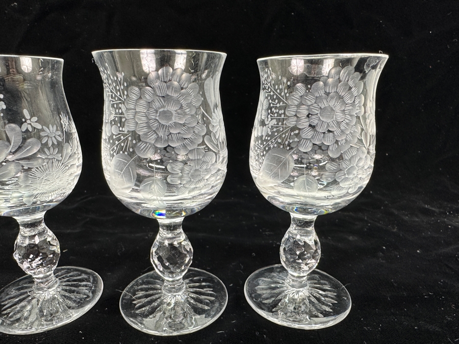 Rare Genuine Meissen (Germany) Cut Crystal Mouth-Blown Hand-Sanded Stemware Glasses Mixed 3 Different Patterns - 6 Glasses Total 4-3/8'H [Photo 7]