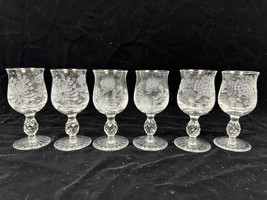 Rare Genuine Meissen (Germany) Cut Crystal Mouth-Blown Hand-Sanded Stemware Glasses Mixed 3 Different Patterns - 6 Glasses Total 4-3/8'H [Photo 2]