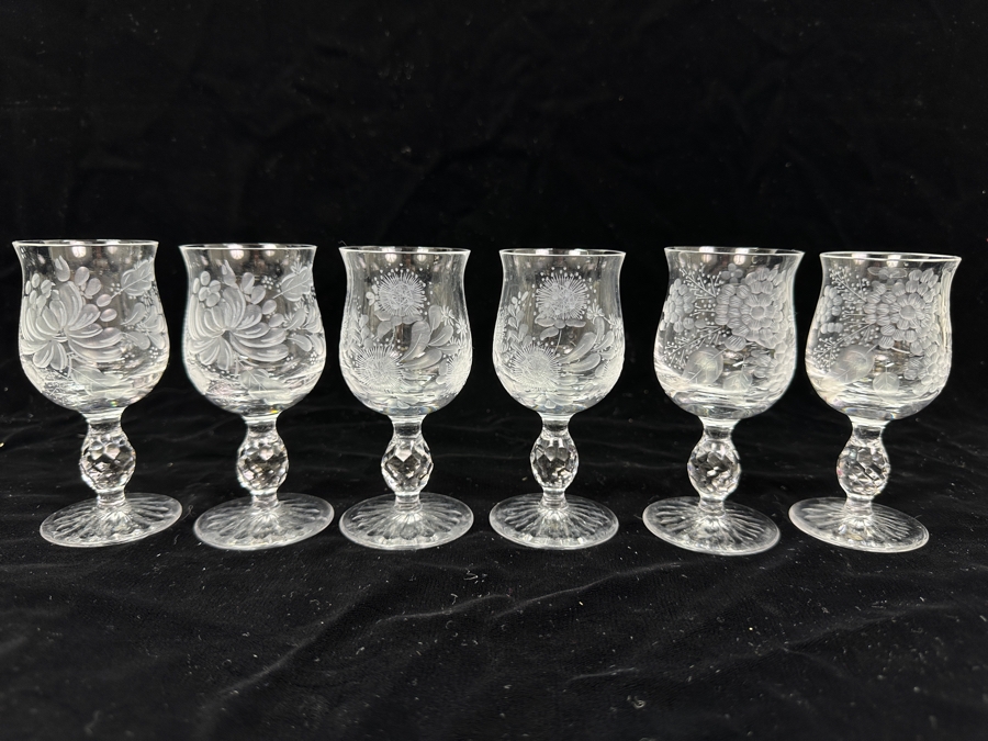 Rare Genuine Meissen (Germany) Cut Crystal Mouth-Blown Hand-Sanded Stemware Glasses Mixed 3 Different Patterns - 6 Glasses Total 4-3/8'H [Photo 1]
