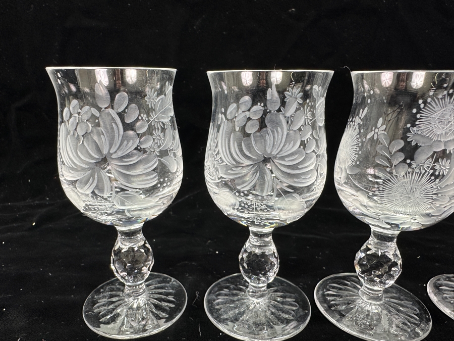 Rare Genuine Meissen (Germany) Cut Crystal Mouth-Blown Hand-Sanded Stemware Glasses Mixed 3 Different Patterns - 6 Glasses Total 4-3/8'H [Photo 6]