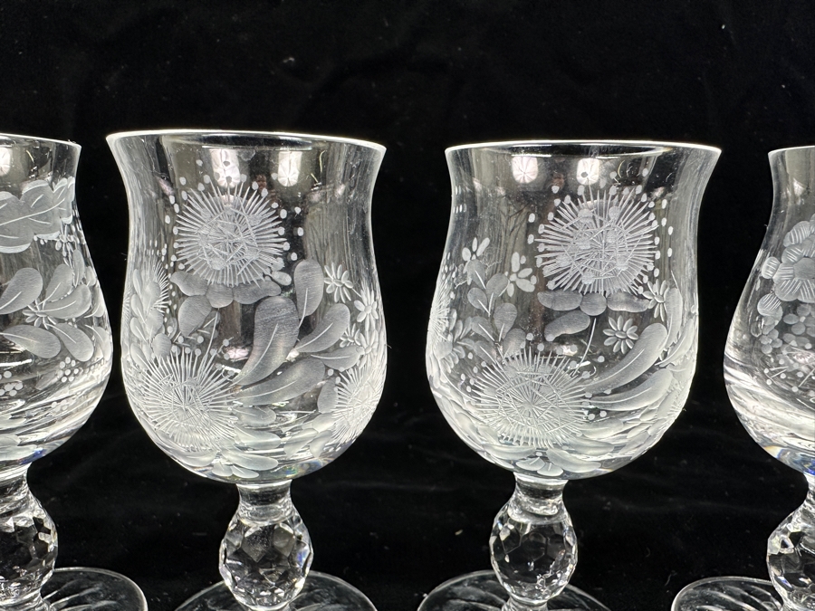 Rare Genuine Meissen (Germany) Cut Crystal Mouth-Blown Hand-Sanded Stemware Glasses Mixed 3 Different Patterns - 6 Glasses Total 4-3/8'H [Photo 4]
