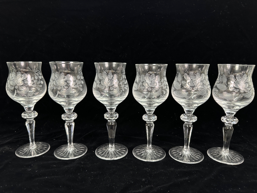 Rare Genuine Meissen (Germany) Cut Crystal Mouth-Blown Hand-Sanded Stemware Glasses - 6 Glasses Total 7-3/8'H [Photo 1]