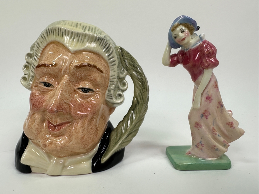 Royal Doulton 'The Lawyer' Small Toby Jug Mug and 'Windflower' Small Figurine 4'H [Photo 2]