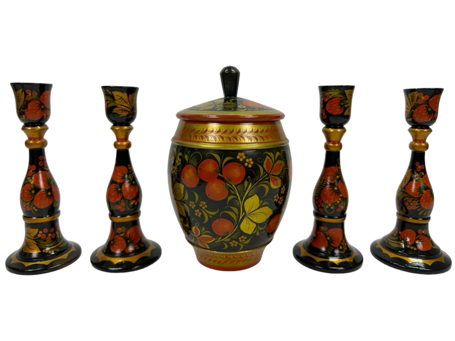 Hand Painted Wooden Russian Candlesticks and Lidded Jar 7.75'H/8.5'H [Photo 1]