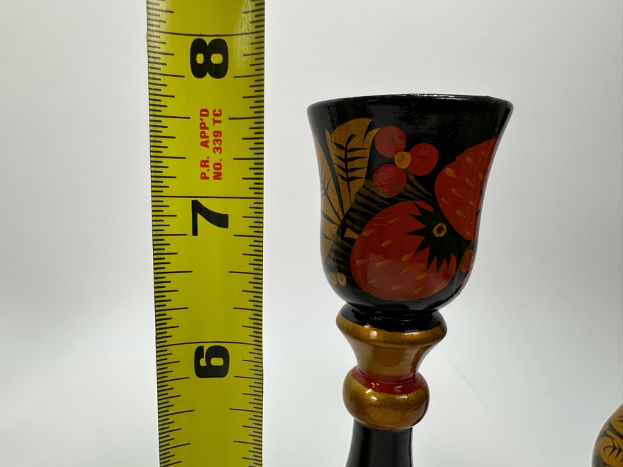 Hand Painted Wooden Russian Candlesticks and Lidded Jar 7.75'H/8.5'H [Photo 9]