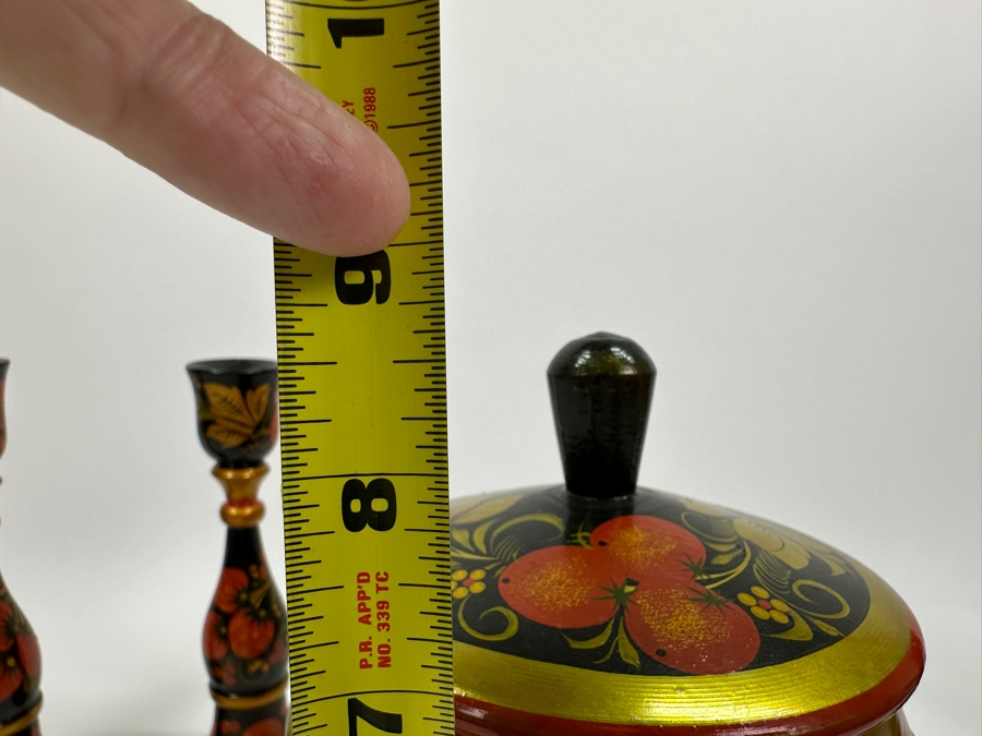 Hand Painted Wooden Russian Candlesticks and Lidded Jar 7.75'H/8.5'H [Photo 8]