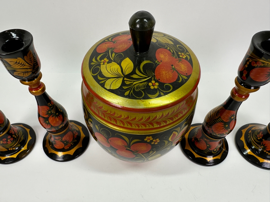 Hand Painted Wooden Russian Candlesticks and Lidded Jar 7.75'H/8.5'H [Photo 4]