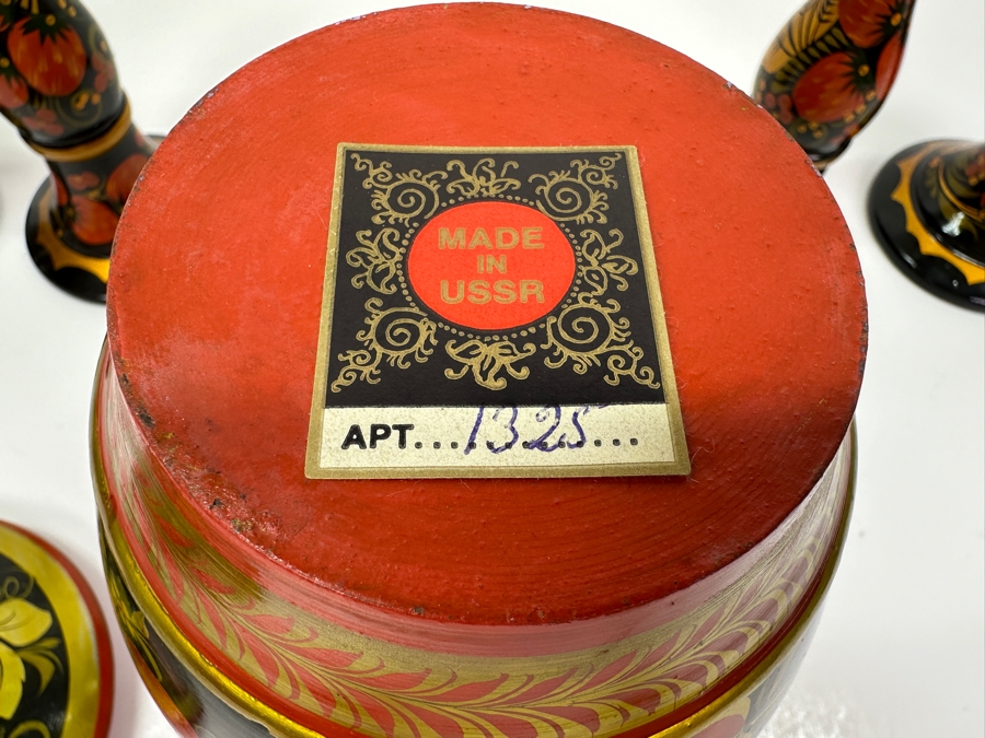 Hand Painted Wooden Russian Candlesticks and Lidded Jar 7.75'H/8.5'H [Photo 6]