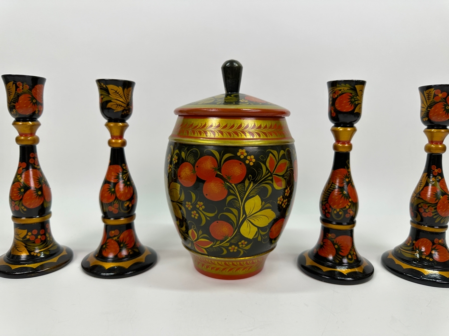 Hand Painted Wooden Russian Candlesticks and Lidded Jar 7.75'H/8.5'H [Photo 3]
