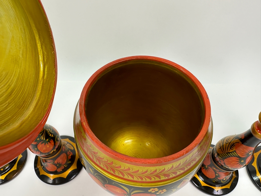 Hand Painted Wooden Russian Candlesticks and Lidded Jar 7.75'H/8.5'H [Photo 5]