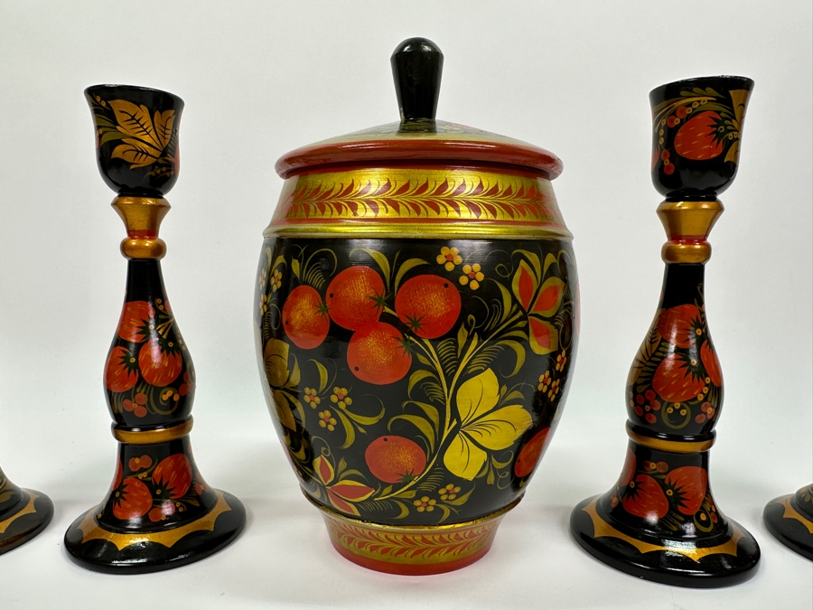 Hand Painted Wooden Russian Candlesticks and Lidded Jar 7.75'H/8.5'H [Photo 2]