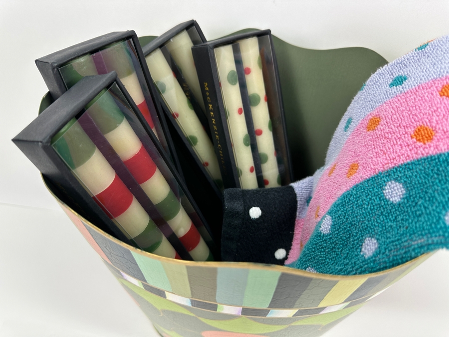 MACKENZiE-CHiLDS Lot with Trash Bin (11'H), Hand Towel and Candles [Photo 9]