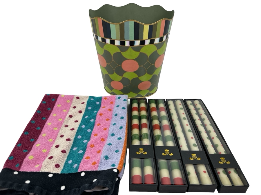 MACKENZiE-CHiLDS Lot with Trash Bin (11'H), Hand Towel and Candles [Photo 1]