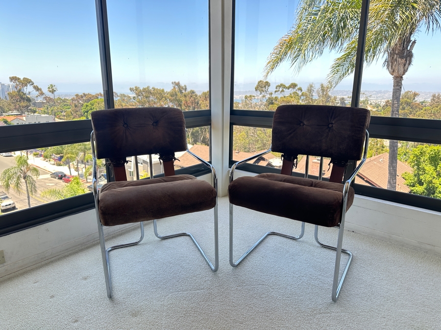 Pair Of Vintage Suede, Leather And Bent Chrome Tucroma Italian Armchairs By Guido Faleschini For Mariani 21'W X 20'D X 32'H [Photo 5]