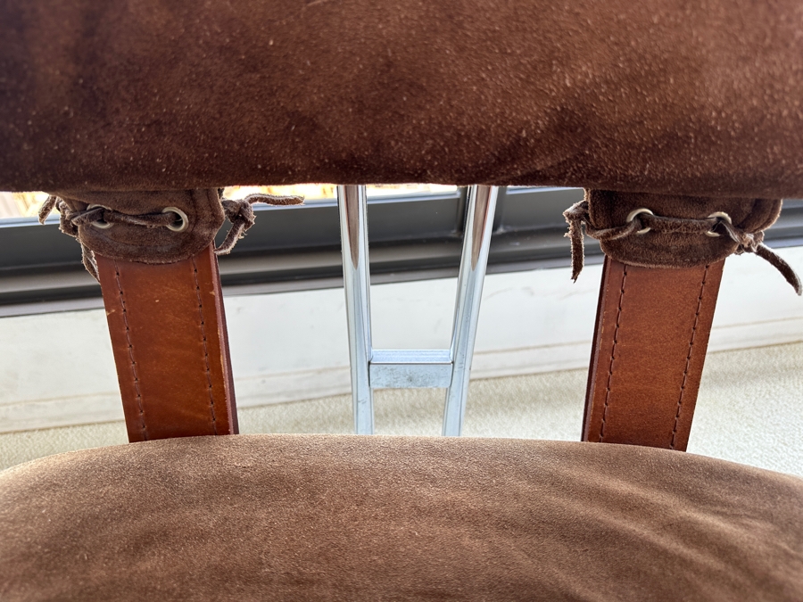 Pair Of Vintage Suede, Leather And Bent Chrome Tucroma Italian Armchairs By Guido Faleschini For Mariani 21'W X 20'D X 32'H [Photo 8]