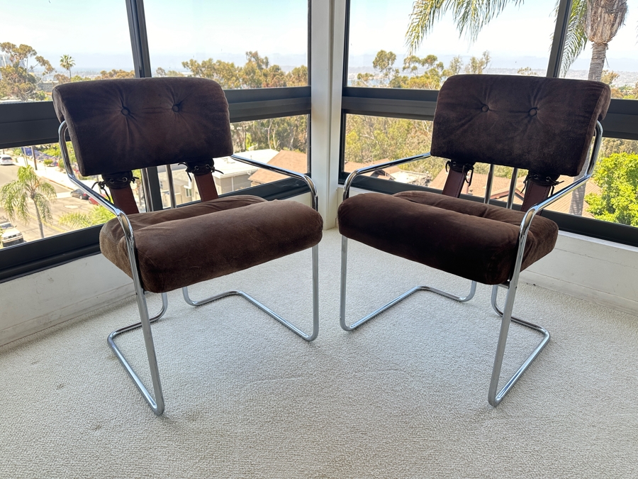 Pair Of Vintage Suede, Leather And Bent Chrome Tucroma Italian Armchairs By Guido Faleschini For Mariani 21'W X 20'D X 32'H