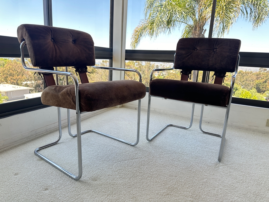 Pair Of Vintage Suede, Leather And Bent Chrome Tucroma Italian Armchairs By Guido Faleschini For Mariani 21'W X 20'D X 32'H [Photo 3]