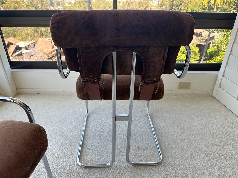 Pair Of Vintage Suede, Leather And Bent Chrome Tucroma Italian Armchairs By Guido Faleschini For Mariani 21'W X 20'D X 32'H [Photo 13]
