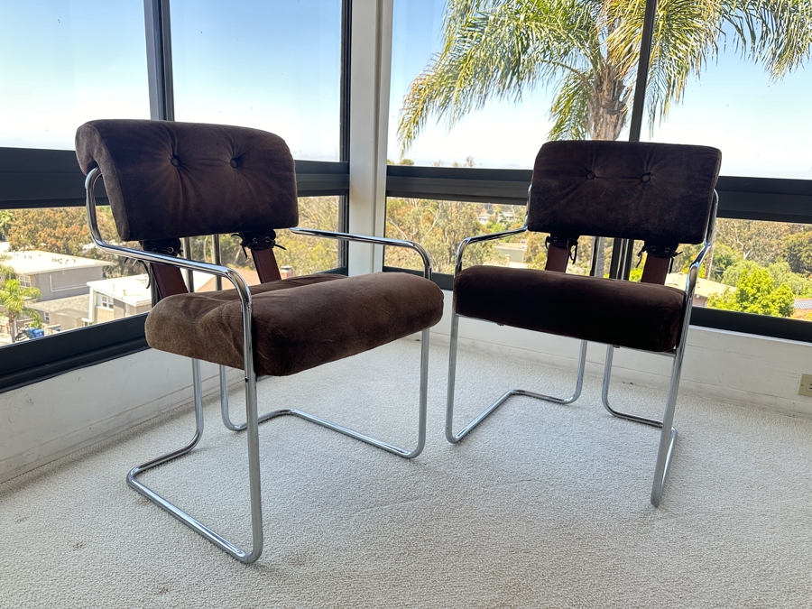 Pair Of Vintage Suede, Leather And Bent Chrome Tucroma Italian Armchairs By Guido Faleschini For Mariani 21'W X 20'D X 32'H [Photo 2]