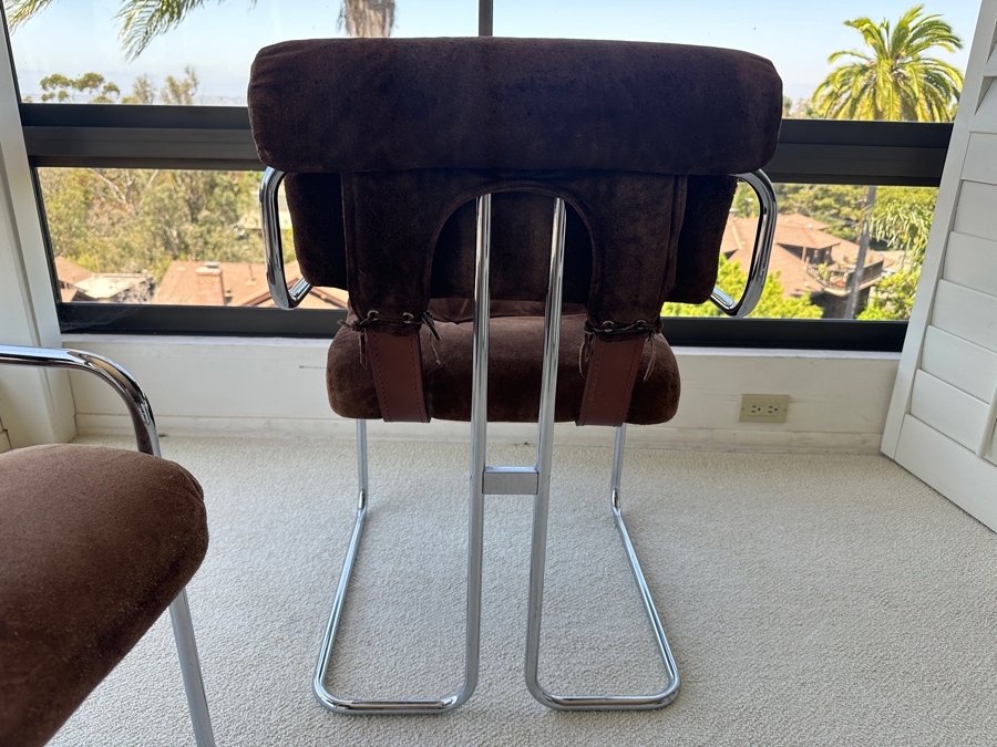 Pair Of Vintage Suede, Leather And Bent Chrome Tucroma Italian Armchairs By Guido Faleschini For Mariani 21'W X 20'D X 32'H [Photo 14]