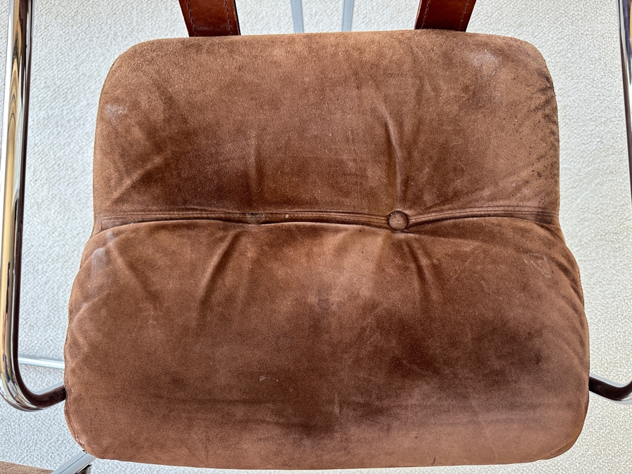 Pair Of Vintage Suede, Leather And Bent Chrome Tucroma Italian Armchairs By Guido Faleschini For Mariani 21'W X 20'D X 32'H [Photo 11]