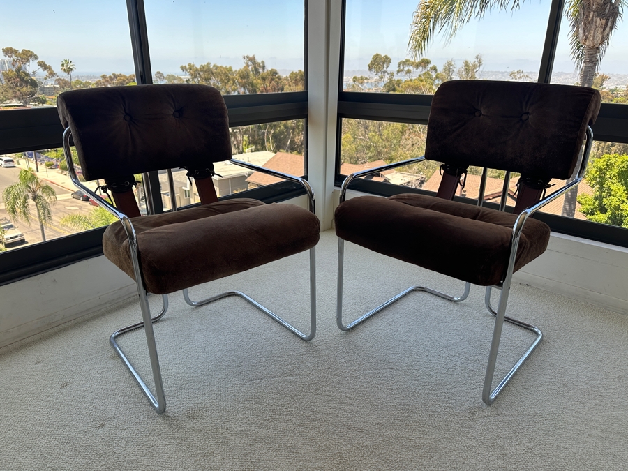 Pair Of Vintage Suede, Leather And Bent Chrome Tucroma Italian Armchairs By Guido Faleschini For Mariani 21'W X 20'D X 32'H [Photo 6]
