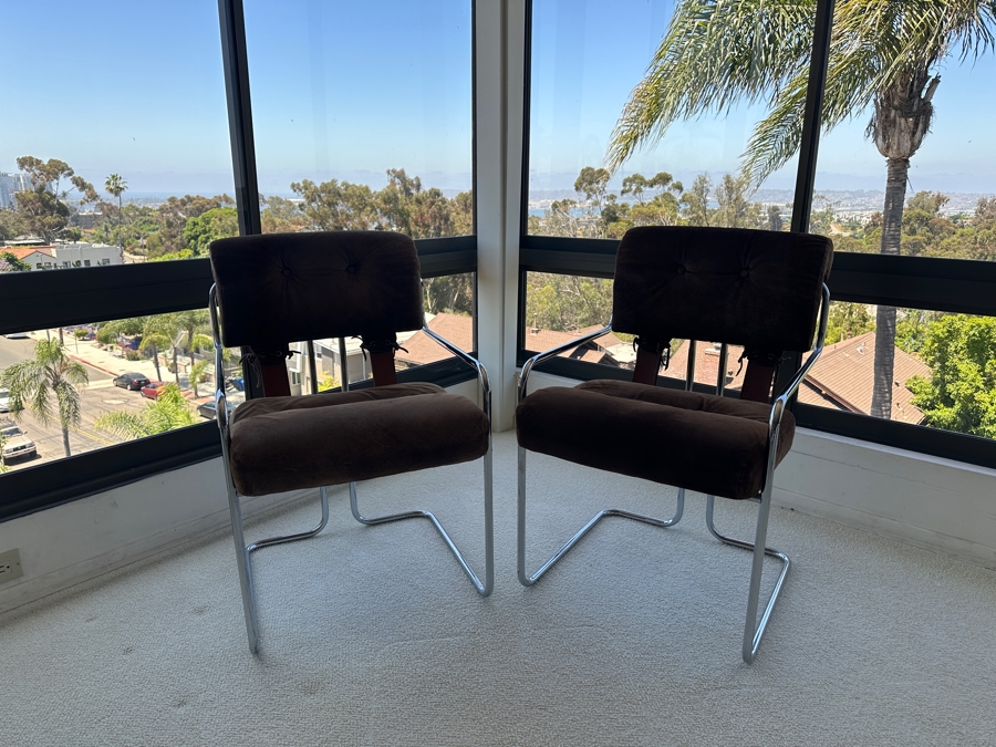 Pair Of Vintage Suede, Leather And Bent Chrome Tucroma Italian Armchairs By Guido Faleschini For Mariani 21'W X 20'D X 32'H [Photo 4]