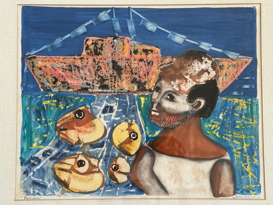 Juan Centurion Mixed-Media Artwork Titled 'Pescador' Hand Signed By Artist 19.5 X 15.5 Framed 26 X 22 [Photo 4]