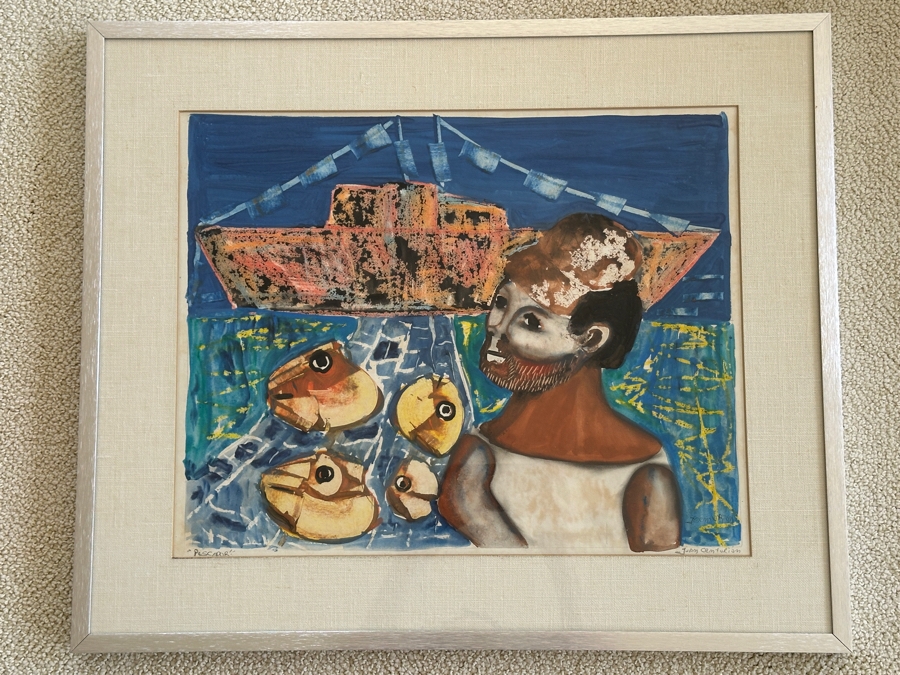 Juan Centurion Mixed-Media Artwork Titled 'Pescador' Hand Signed By Artist 19.5 X 15.5 Framed 26 X 22 [Photo 2]
