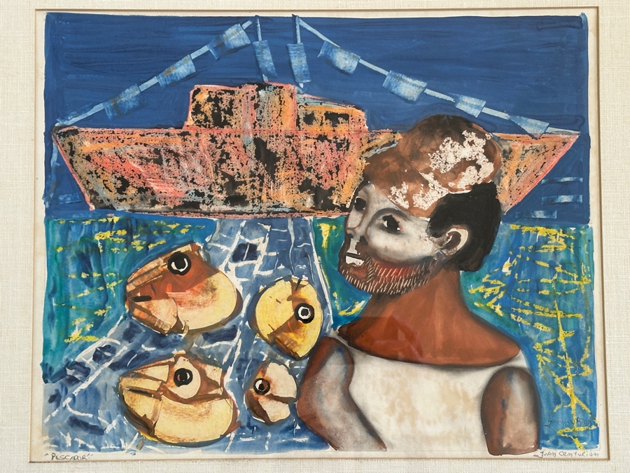 Juan Centurion Mixed-Media Artwork Titled 'Pescador' Hand Signed By Artist 19.5 X 15.5 Framed 26 X 22 [Photo 3]