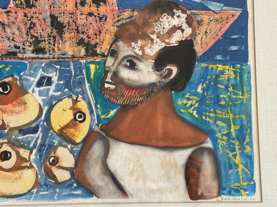 Juan Centurion Mixed-Media Artwork Titled 'Pescador' Hand Signed By Artist 19.5 X 15.5 Framed 26 X 22 [Photo 6]