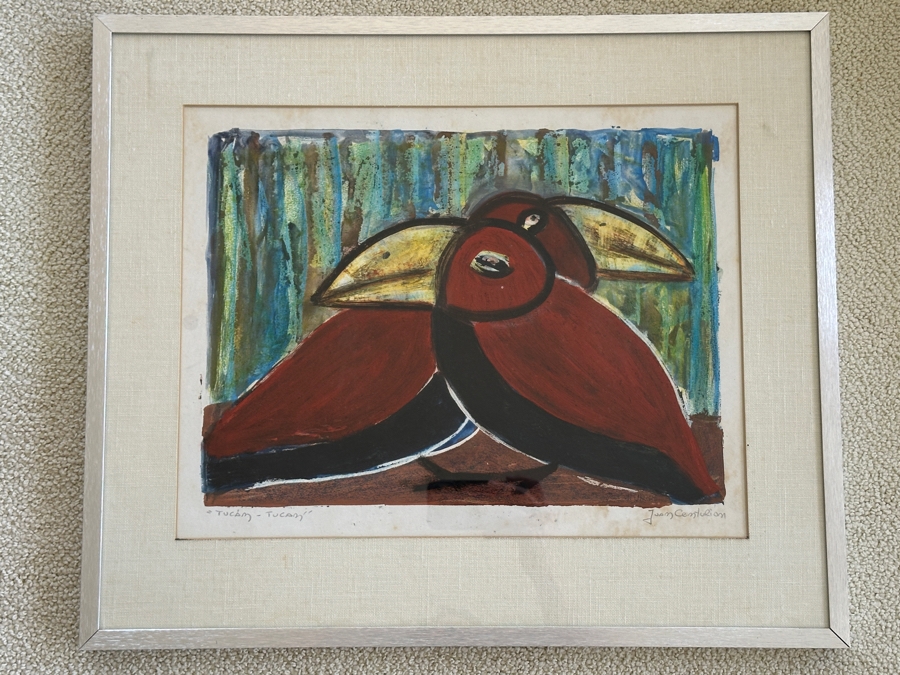 Juan Centurion Mixed-Media Artwork Titled 'Tucan - Tucan' Hand Signed By Artist 15.5 X 14.5 Framed 24.5 X 21 [Photo 2]