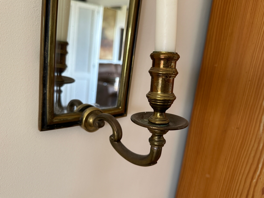Pair Of Vintage 1972 Chapman Brass Wall Mirrors With Candle Holders [Photo 5]