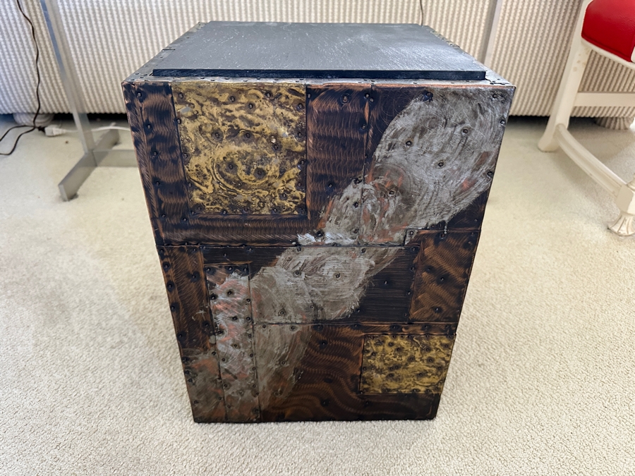 Vintage Mid-Century Modern Paul Evans Studio For Directional Cube Table Model PE 20 With Patinated Copper, Steel & Brass With Slate Top 13.25W X 13.25D X 18.25H Estimate $3,000-$5,000 [Photo 7]