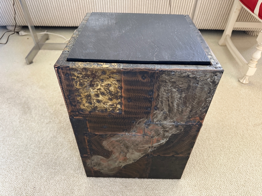 Vintage Mid-Century Modern Paul Evans Studio For Directional Cube Table Model PE 20 With Patinated Copper, Steel & Brass With Slate Top 13.25W X 13.25D X 18.25H Estimate $3,000-$5,000 [Photo 3]